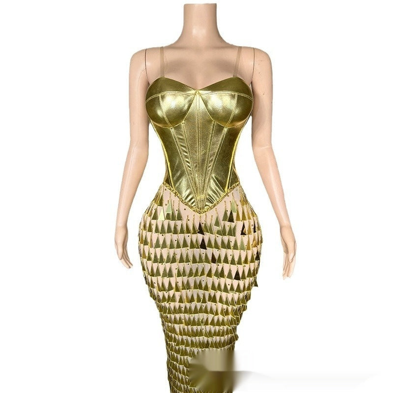 Golden Bright Surface Bandage Design Tight Waist Slimming Mermaid Day Formal Dress