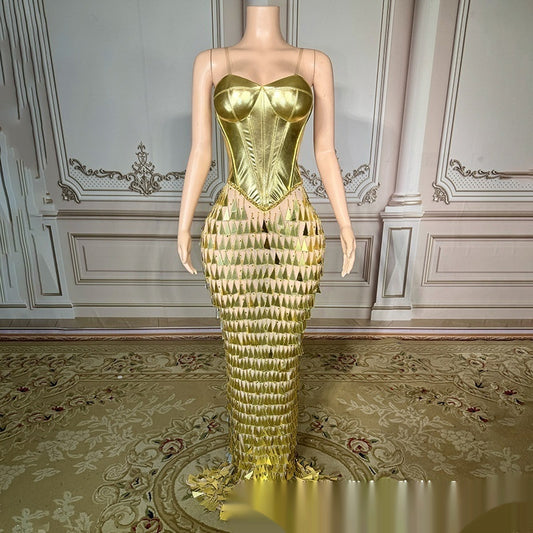 Golden Bright Surface Bandage Design Tight Waist Slimming Mermaid Day Formal Dress