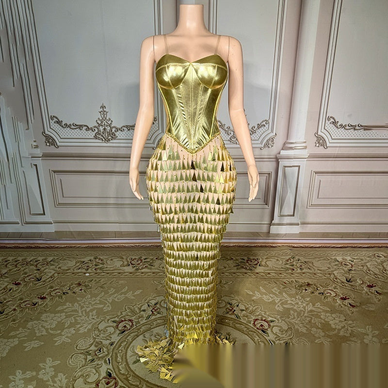 Golden Bright Surface Bandage Design Tight Waist Slimming Mermaid Day Formal Dress