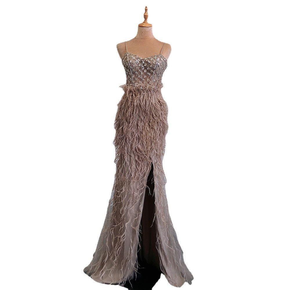 Suspender Feather Slim-fit Host Annual Party Banquet Engagement Dress